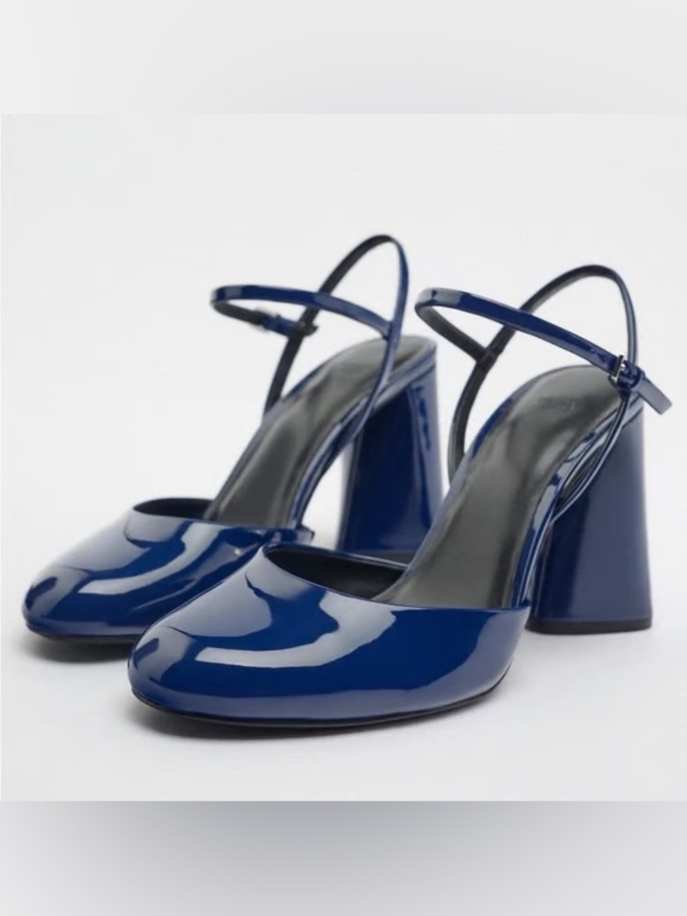 Zara Navy Blue Patent Block Heel Pumps Round Toe Ankle Strap Shoes 40